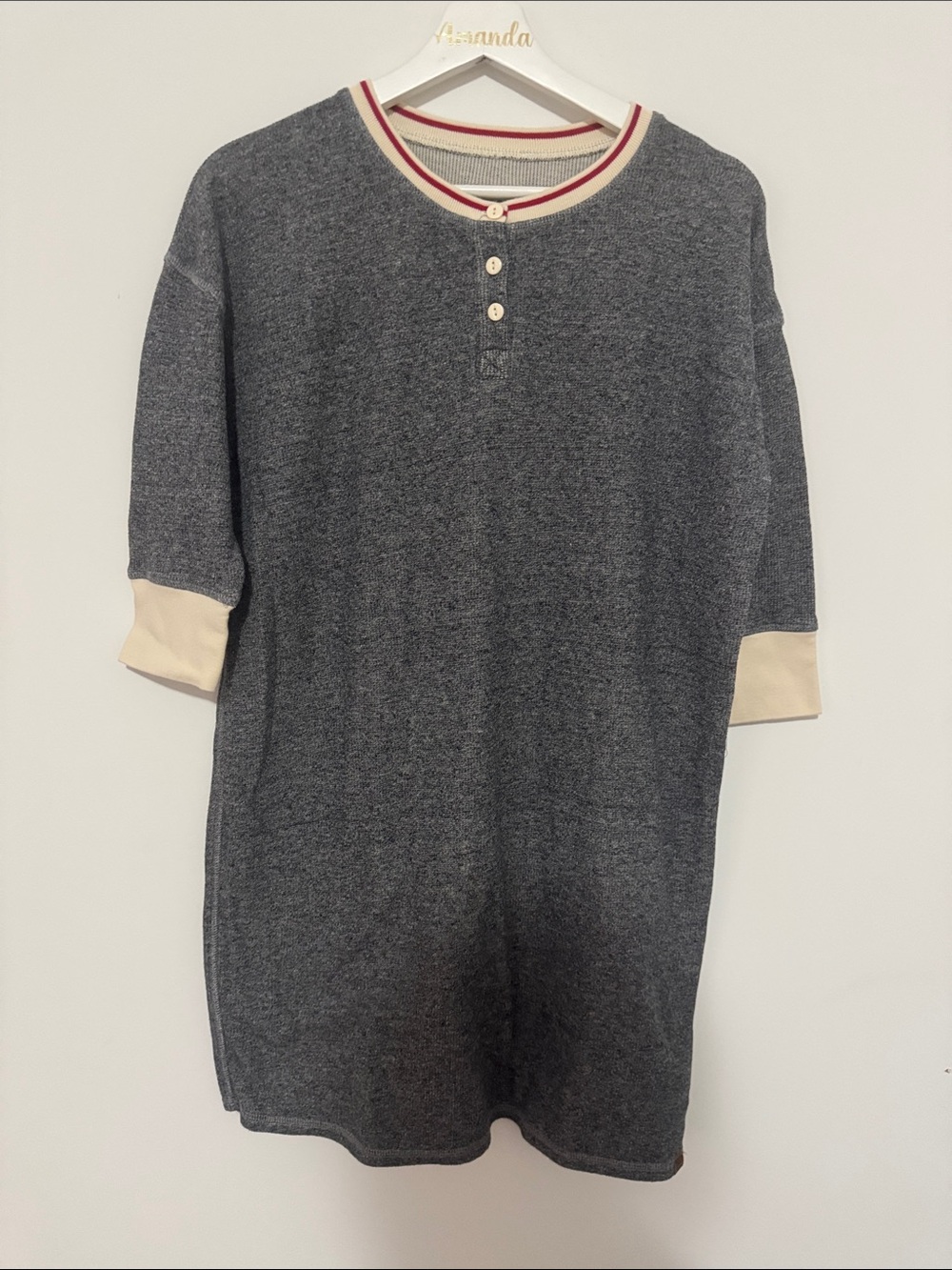 Roots Cabin Heather Gray Short Sleeve Henley Dress with Cream Trim